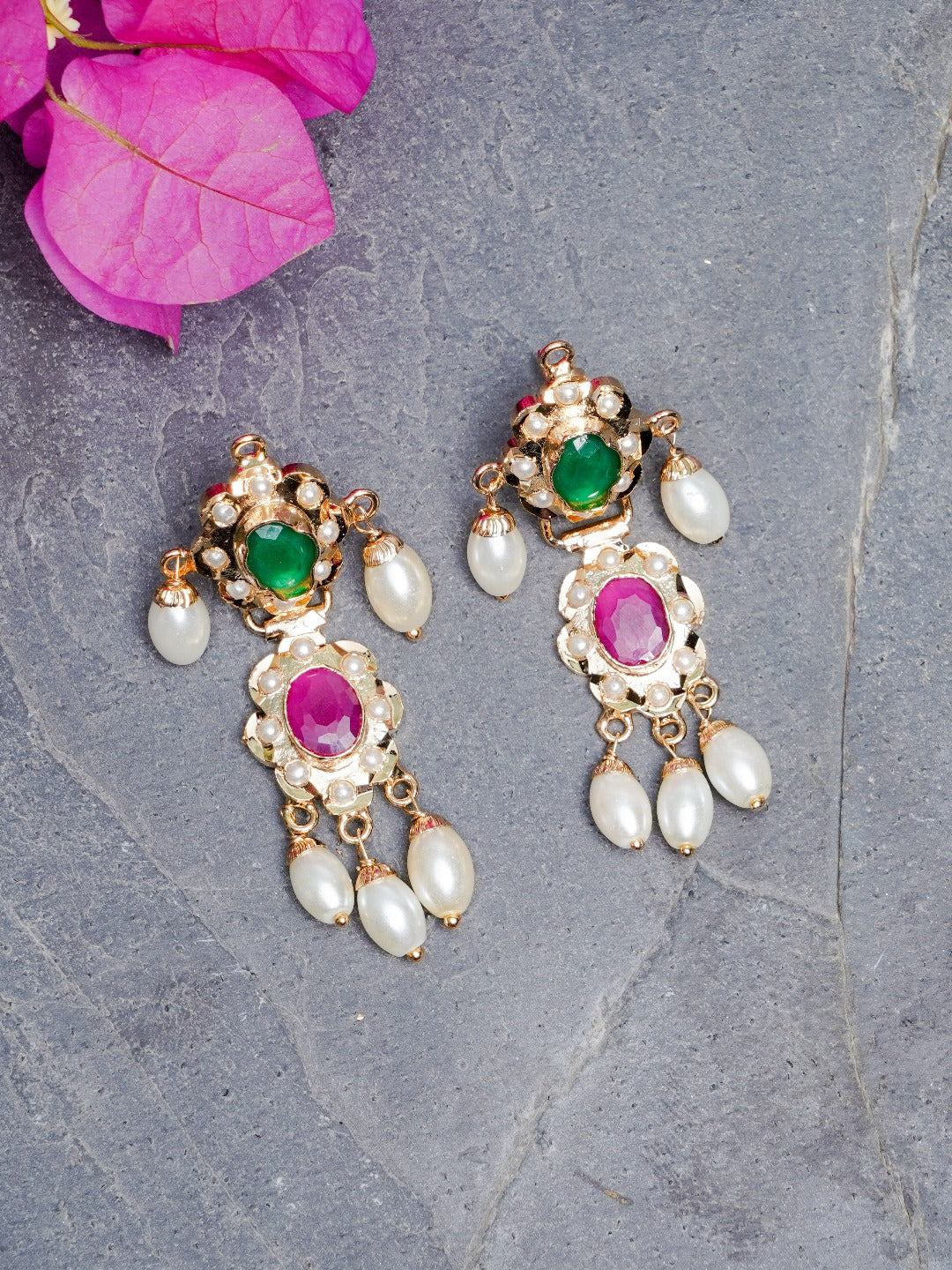 Ruby red & green stones jadau dangler earrings