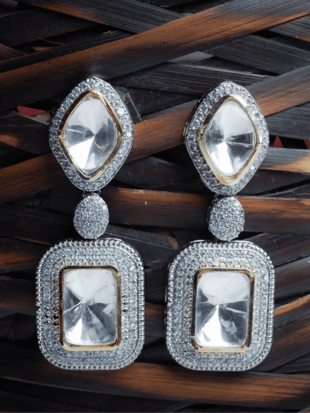 White and Yellow Gold Diamond Earrings - Two Tone Filigree Ornate Drops -  Secure Omega Clasp Closure
