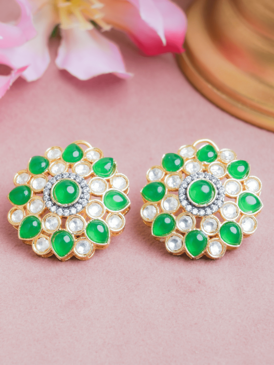 Designer American Diamond Stud Earrings with Green Stones NS02260071