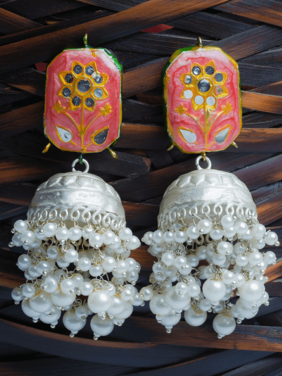 Red & Silver Meenakari Jhumkas - QUEENS JEWELS