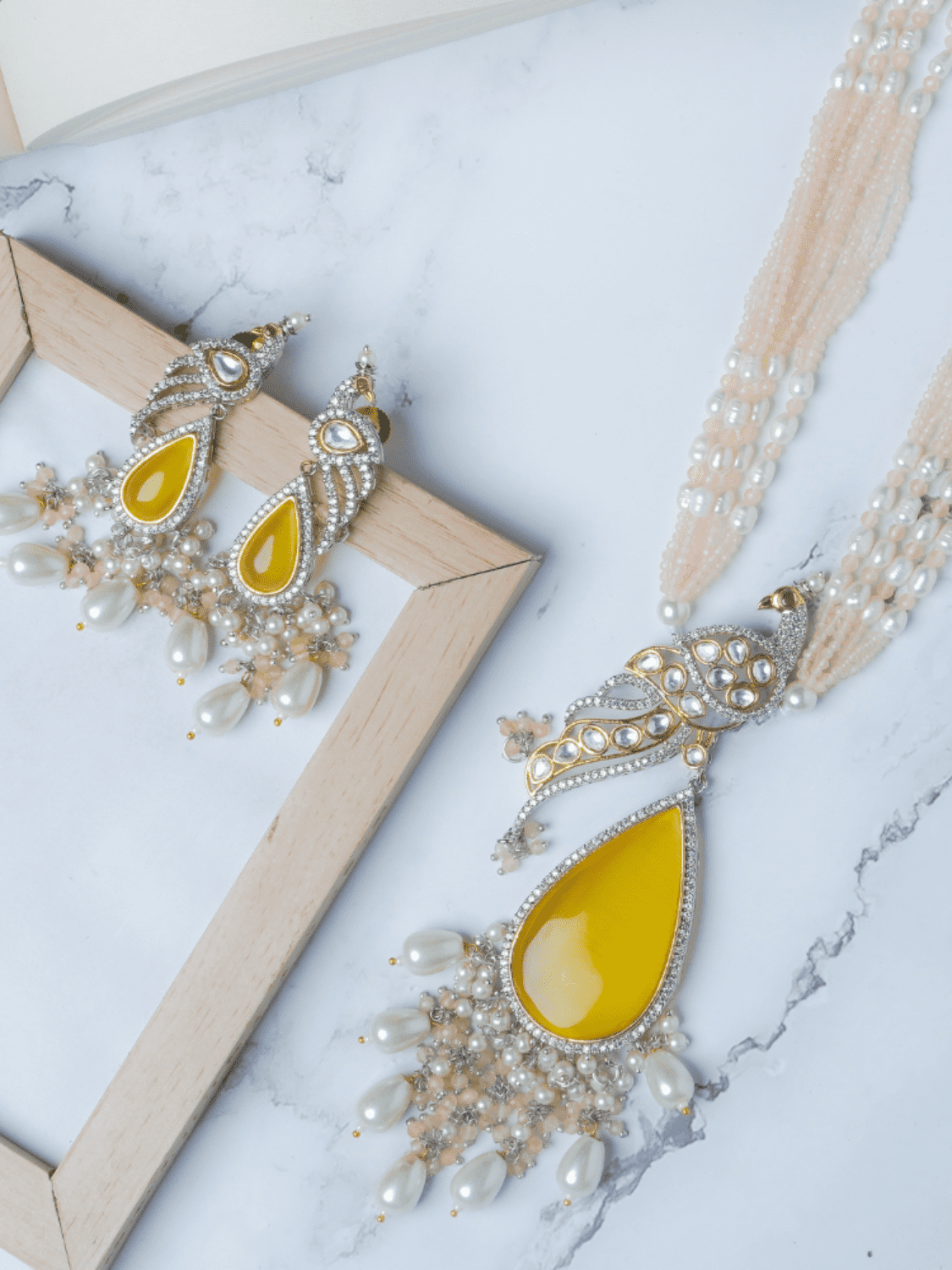 Peacock motif yellow kundan long necklace set with earrings