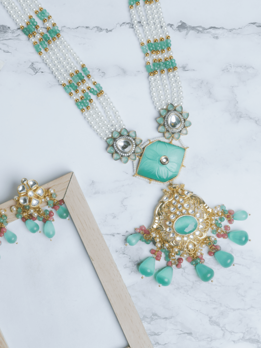 Aqua Drops Kundan Necklace With Earrings - QUEENS JEWELS