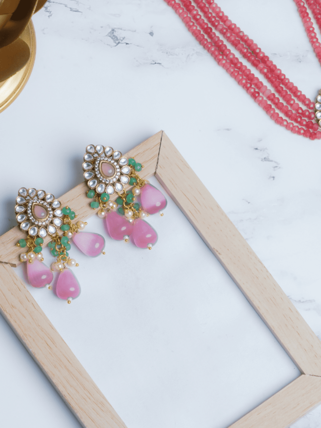 Pink Drops Kundan Necklace With Earrings - QUEENS JEWELS