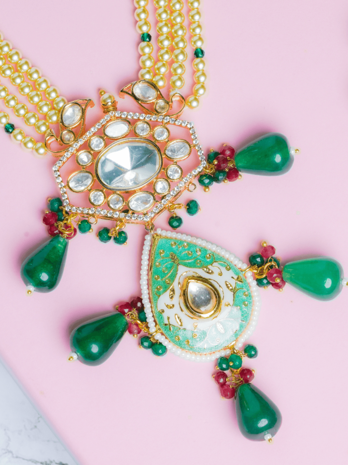 Meenakari Kundan Emerald Necklace and Earrings Set - QUEENS JEWELS