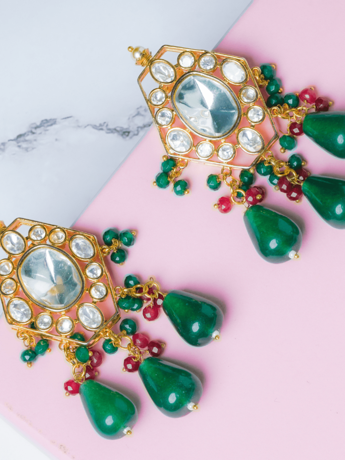 Meenakari Kundan Emerald Necklace and Earrings Set - QUEENS JEWELS