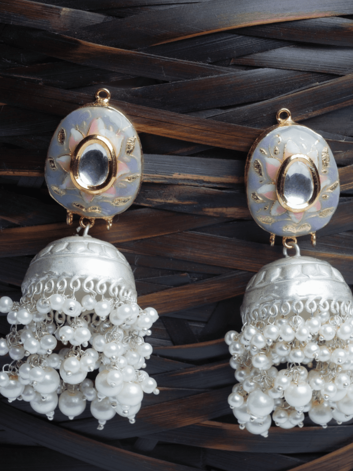 Silver coloured polki kundan meenakari jhumka earrings