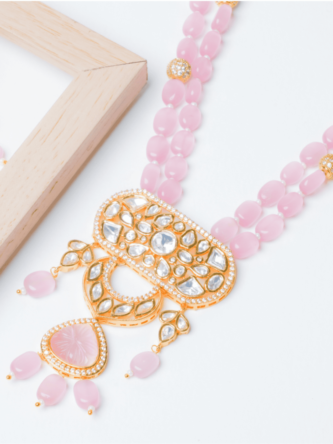 Pink kundan long necklace set with earrings