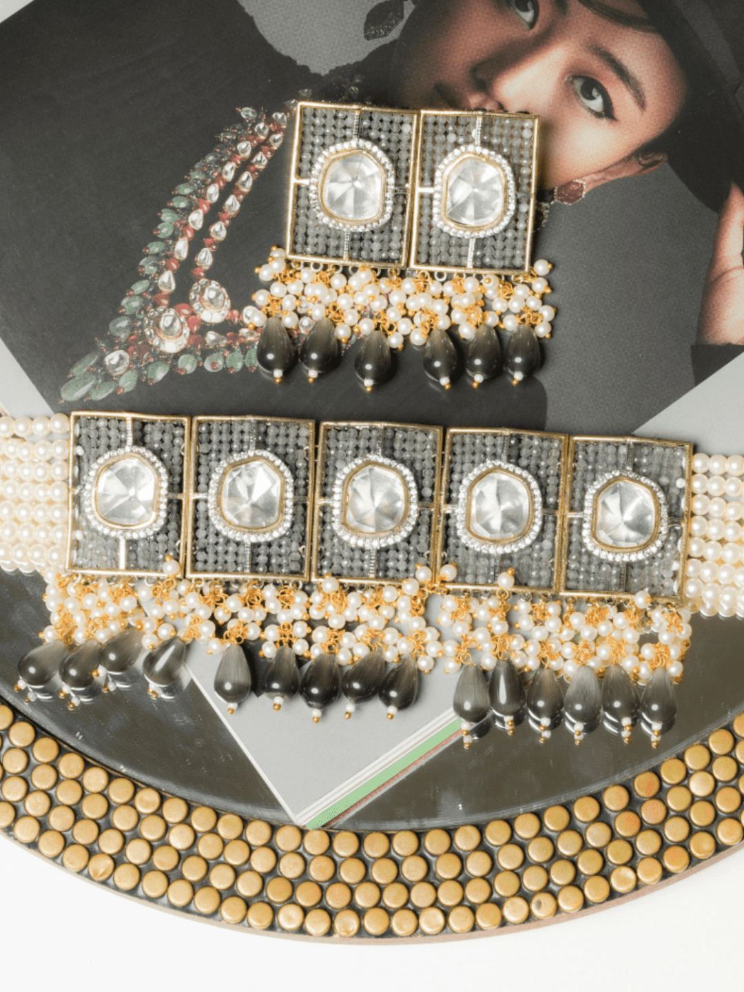 Black & Gold Kundan Choker With Earrings - QUEENS JEWELS