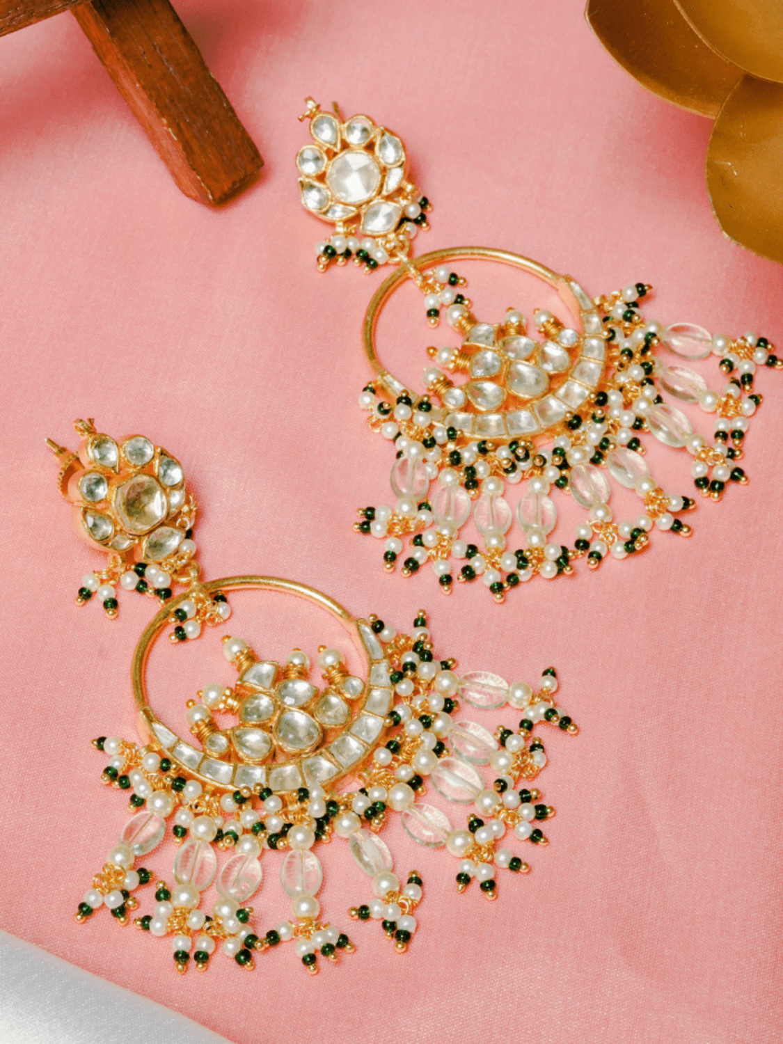 Pearl white & emerald kundan chaandbali earrings