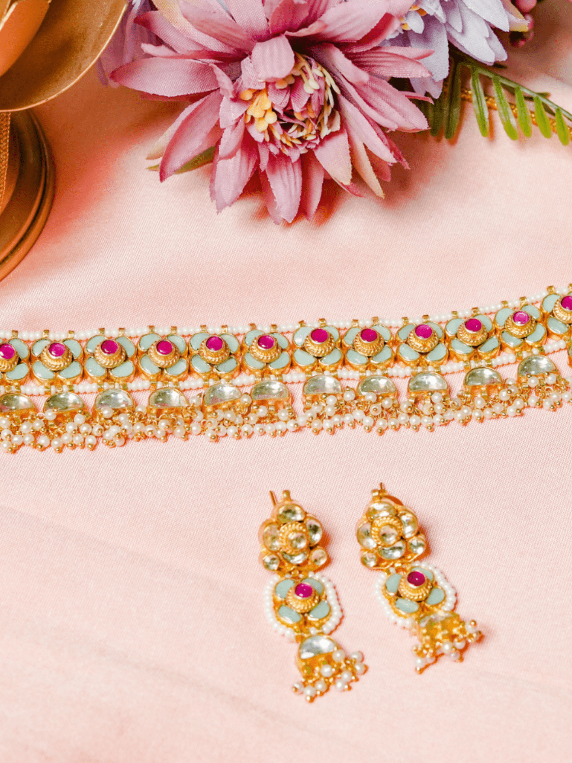 Powder Bue & Magenta Kundan Choker with Earrings (Necklace and Earrings Set) - QUEENS JEWELS