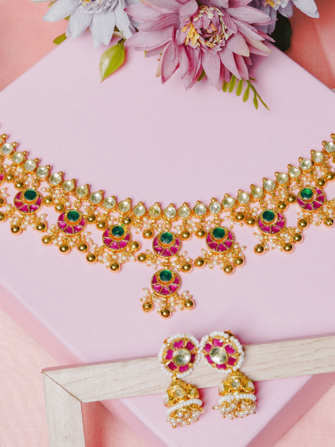 Multi Colour Kundan Necklace and Earrings Set - QUEENS JEWELS
