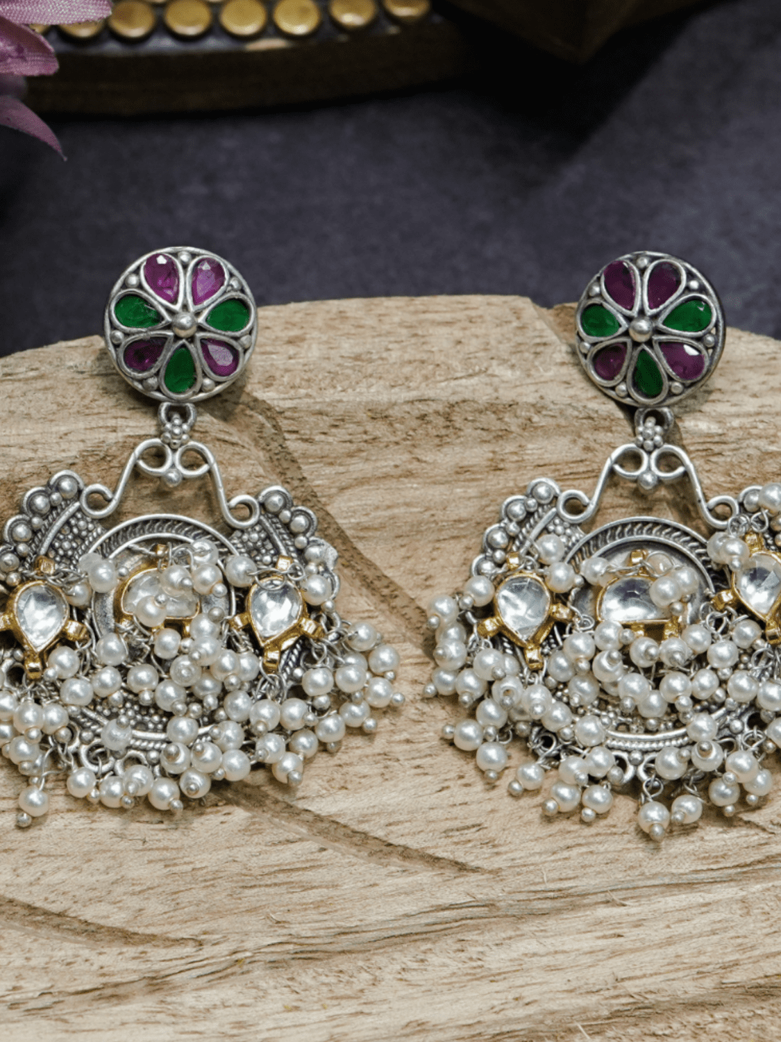 White pearls & oxidised dangler earrings