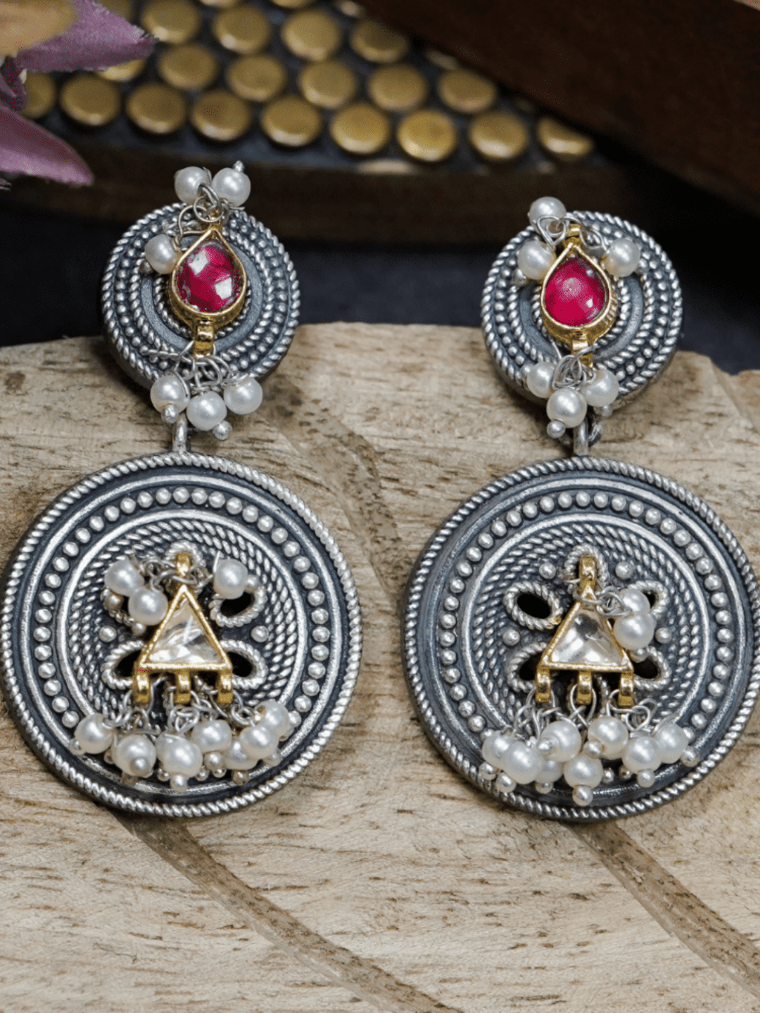 Dual Round Oxidised Earrings - QUEENS JEWELS