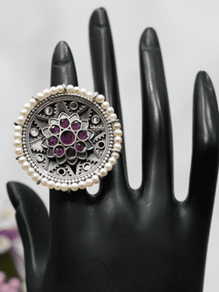 Magenta Floral Look Alike With White Pearls Adjustable Ring