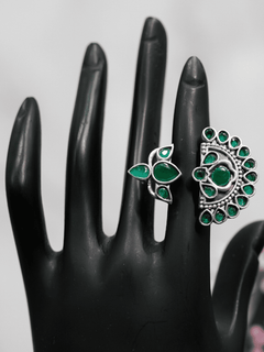 Lotus Look Alike Emerald Oxidised Adjustable Ring