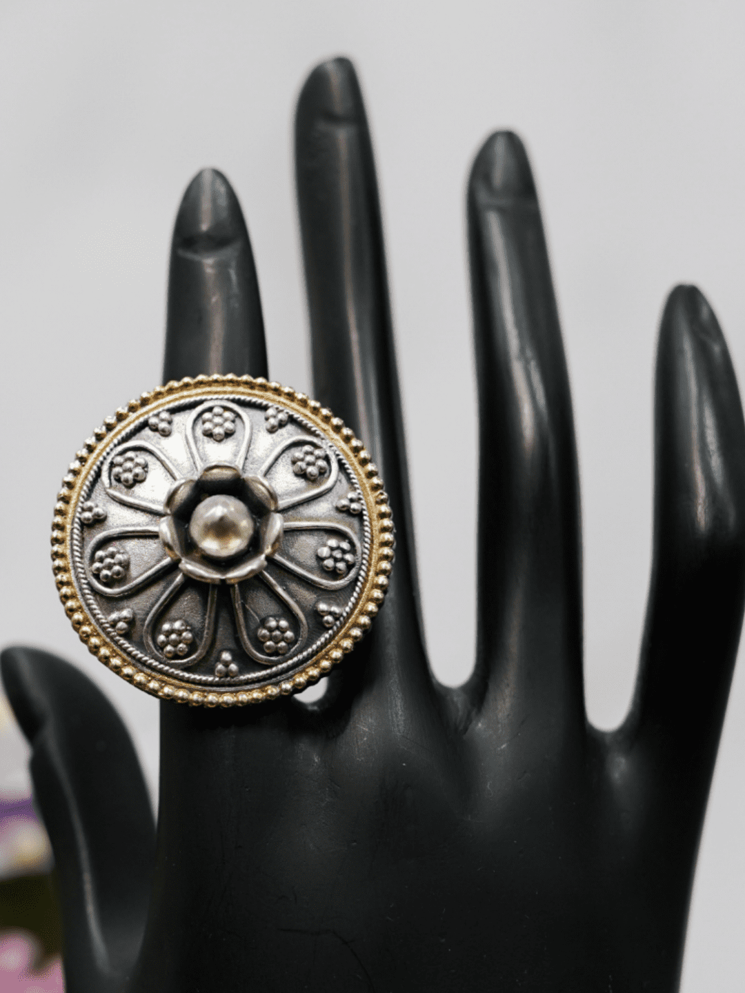 Floral Motif Oxidised  Ring - QUEENS JEWELS