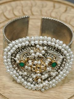 Statement Adjustable Cuffs with kundan work on oxidised brass metal with antique silver plating