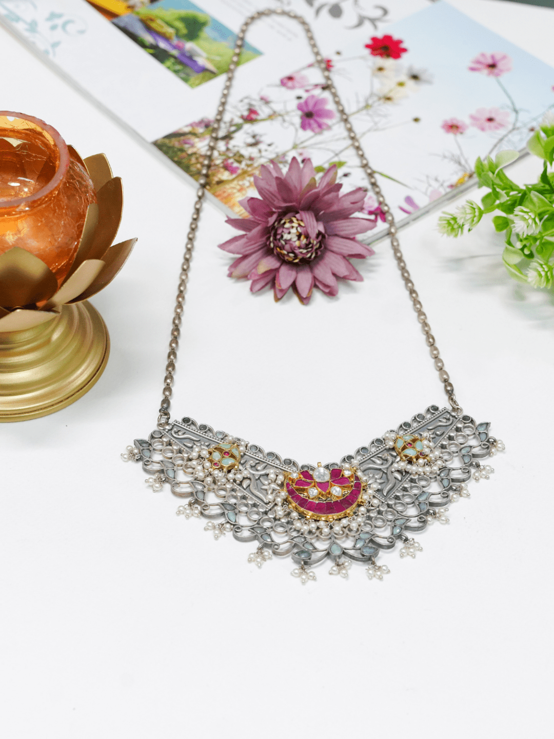 Oxidised choker necklace with ruby red kundan work