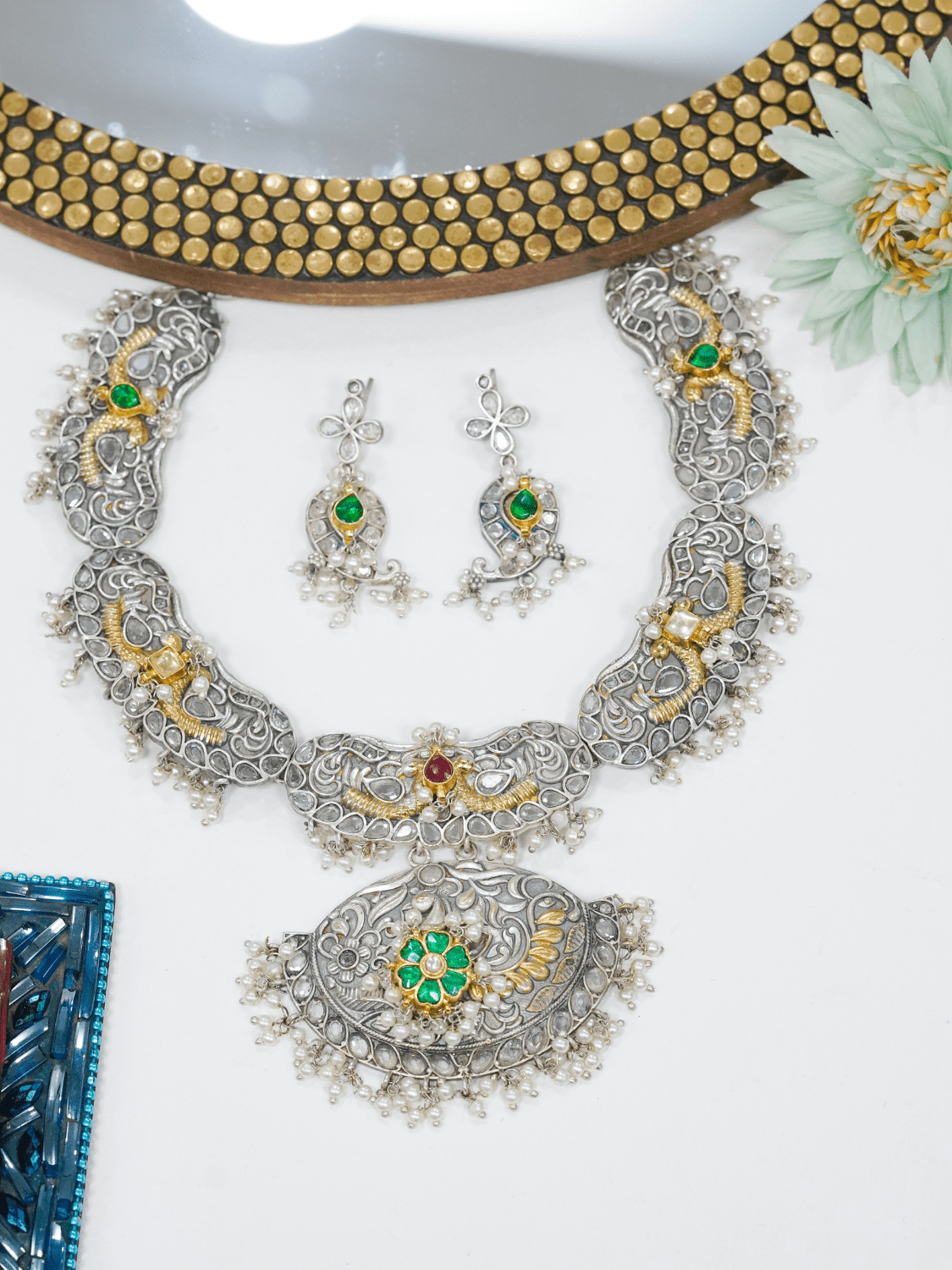 Oxidised kundan choker necklace set with earrings