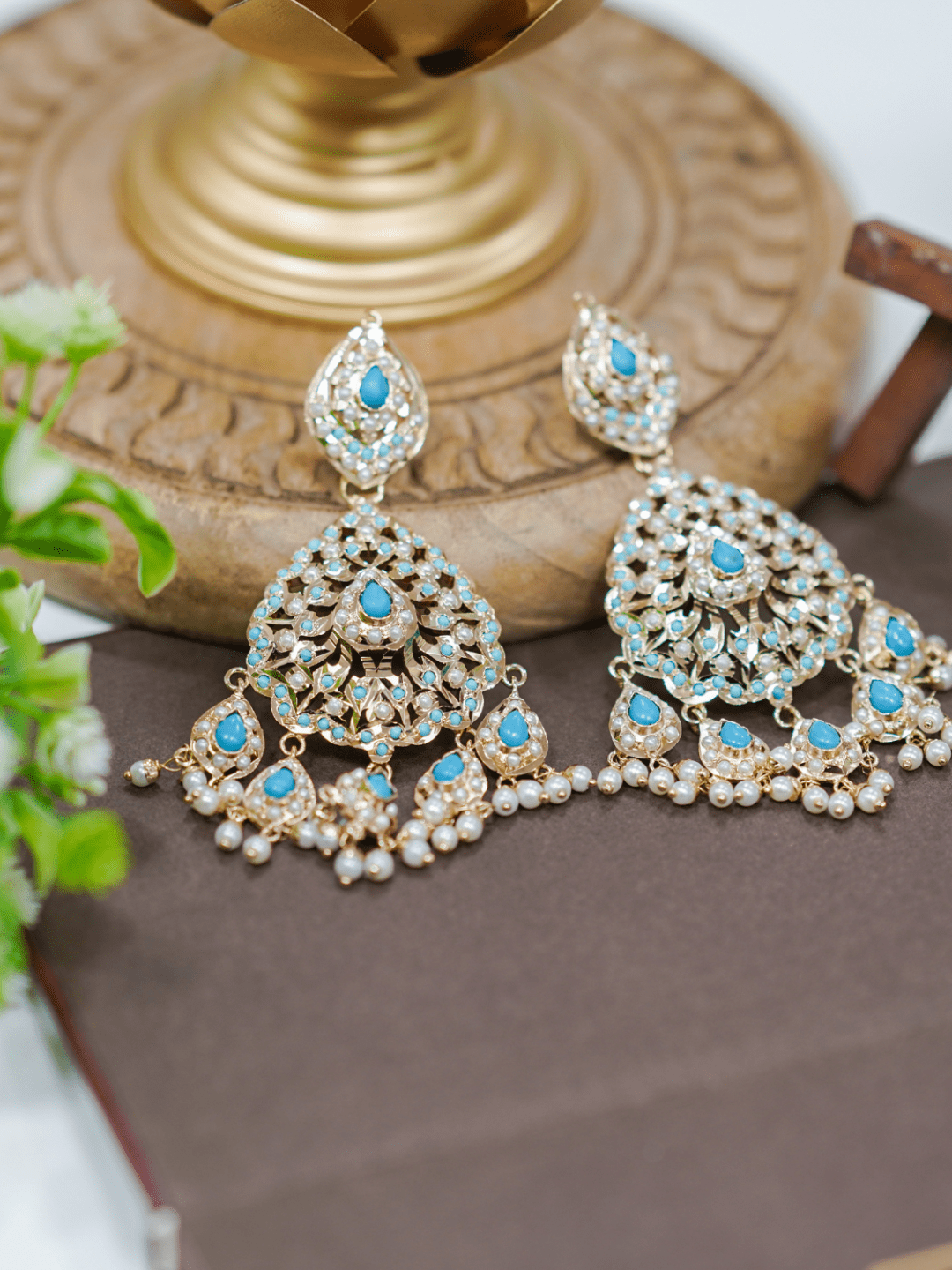 Turquoise stone oversized jadau chaandbali earrings