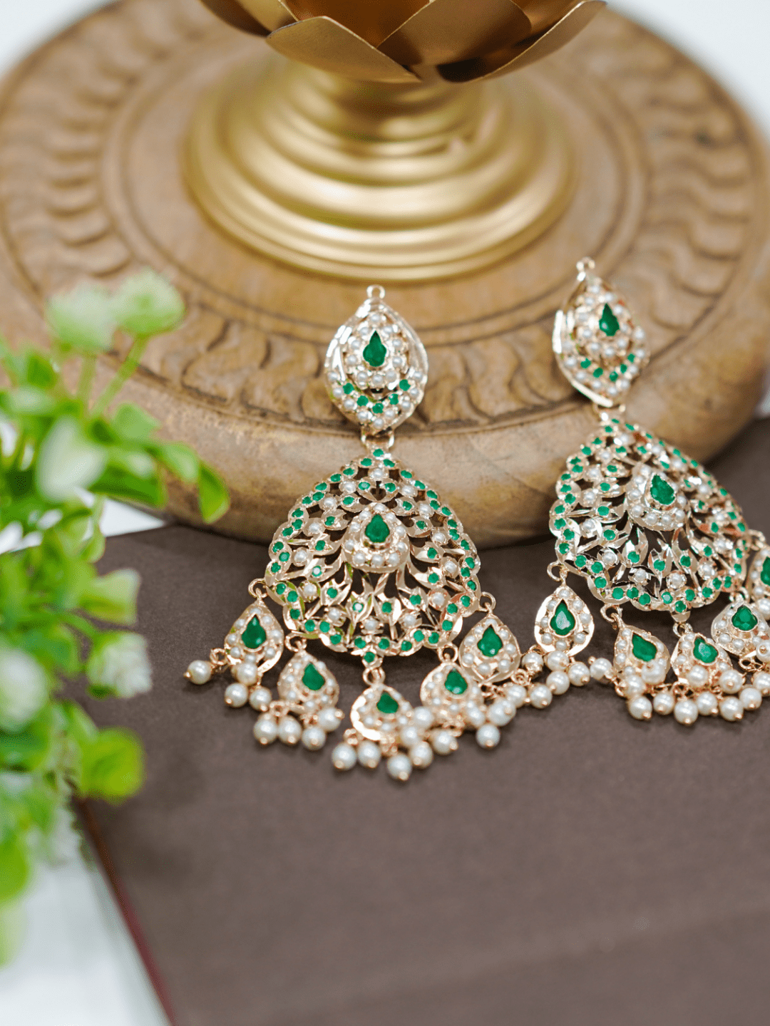 Aura Jadau Chaandbali Earrings - Emerald Green - QUEENS JEWELS