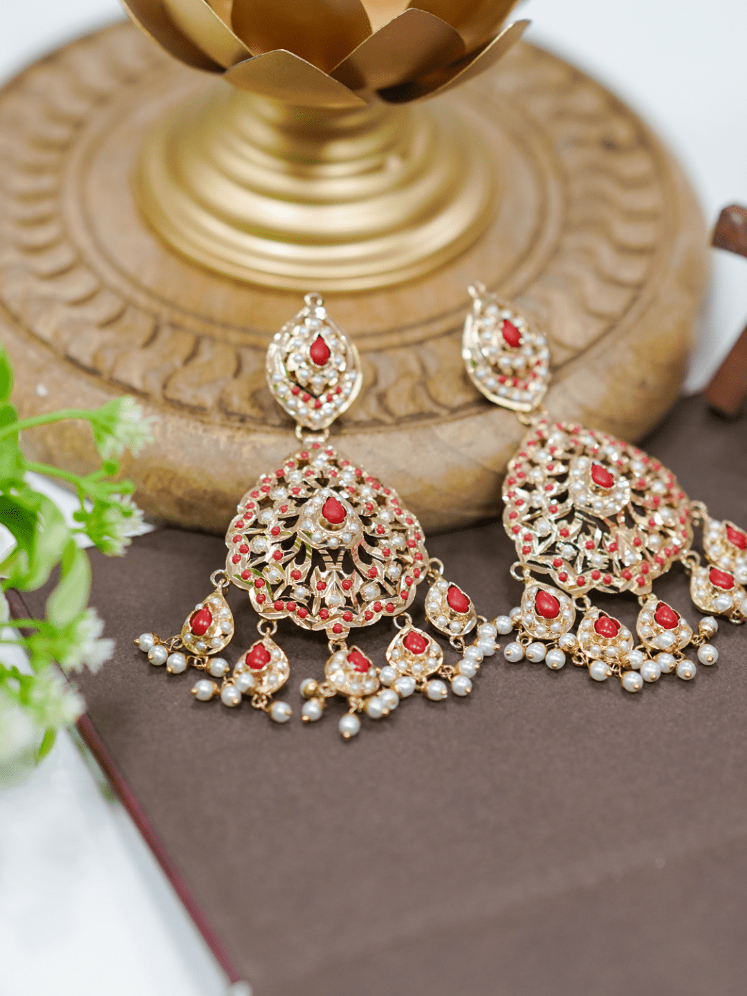 Gold Red Cutout Heart Earrings