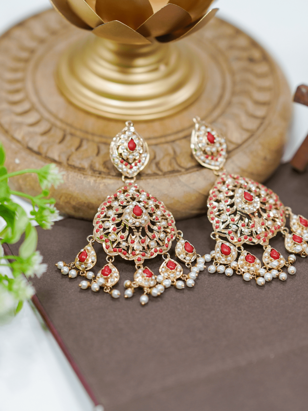 Gold plated coral red & pearls drop jadau chaandbali earrings