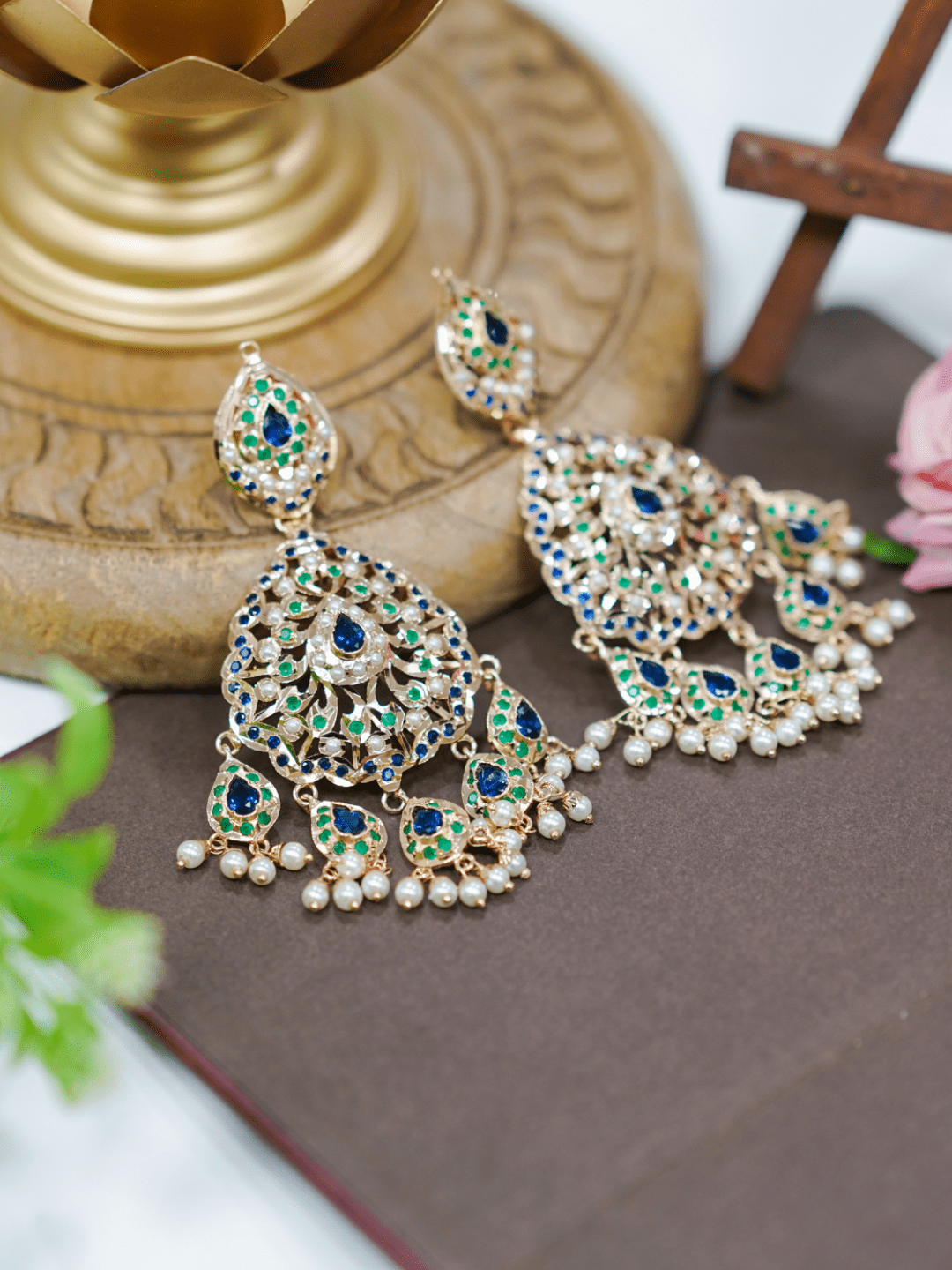 Oversized blue & green stones jadau chaandbali earrings