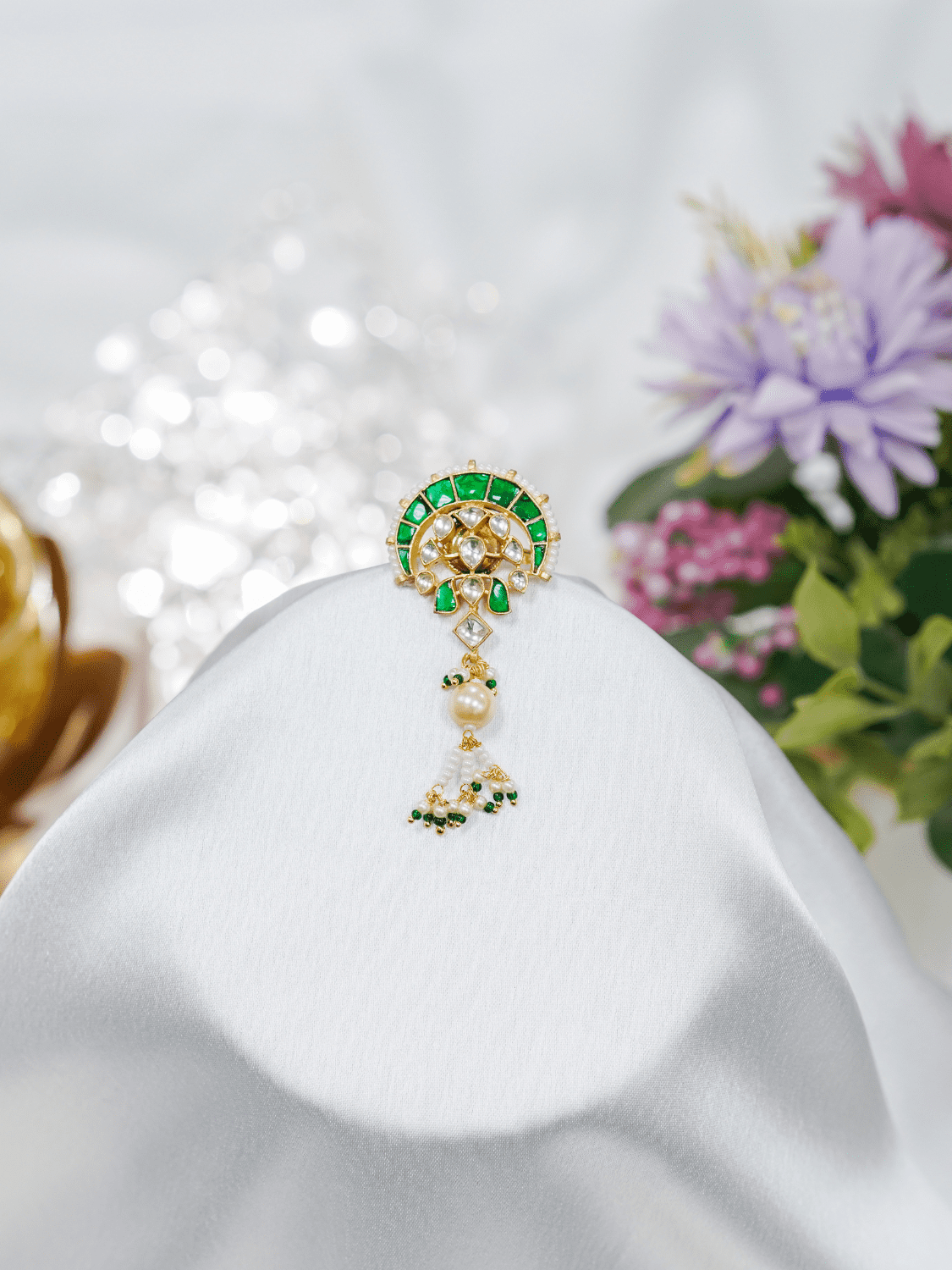 Emerald Moon Look Alike With White Pearl White Pearl Dangling Adjustable Ring