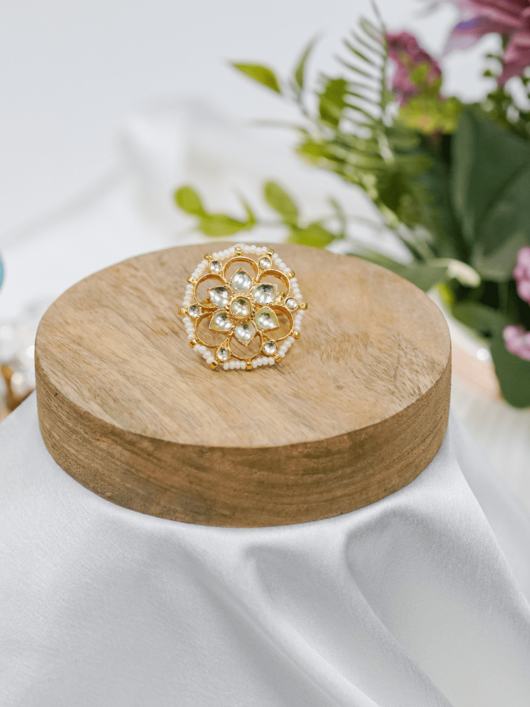 Floral Pearl & Kundan Adjustable Ring - QUEENS JEWELS