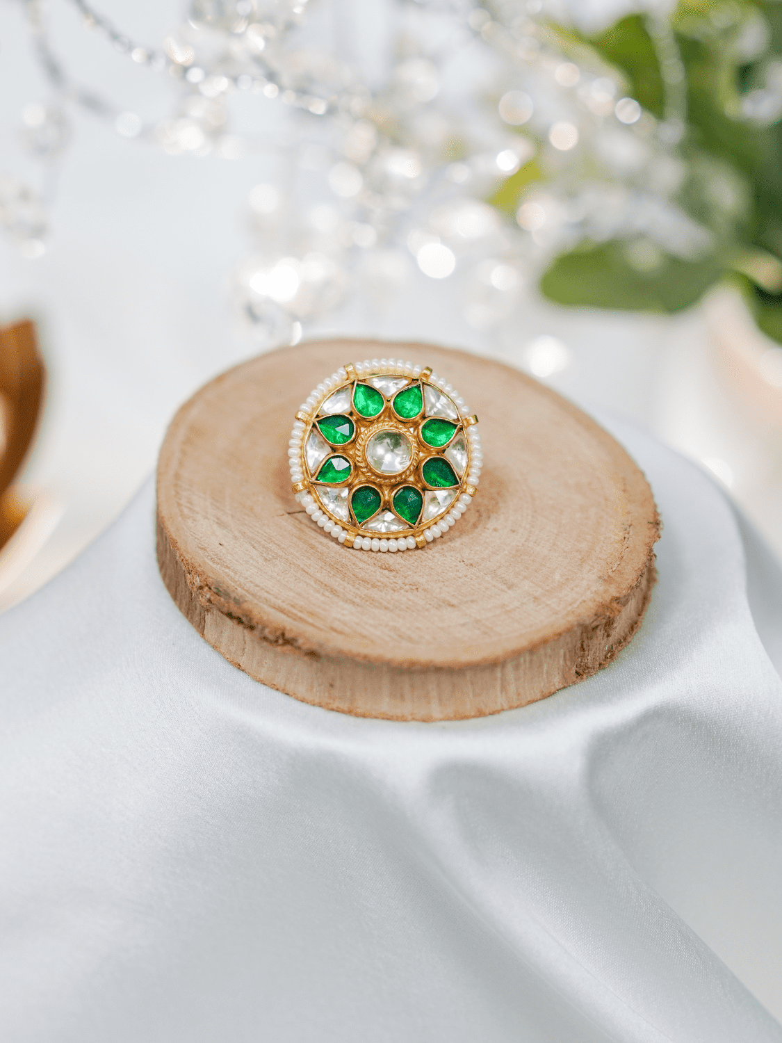Emerald Green Round Kundan Adjustable Ring - QUEENS JEWELS