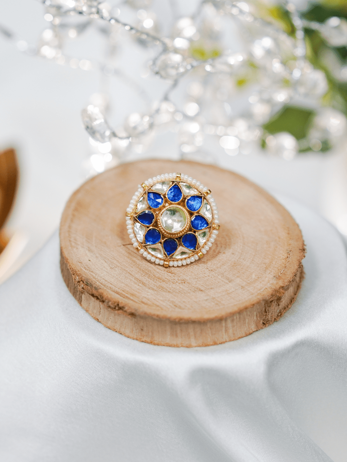 Floral Look Alike Round Shaped Sapphire Blue Kundan Adjustable Ring 