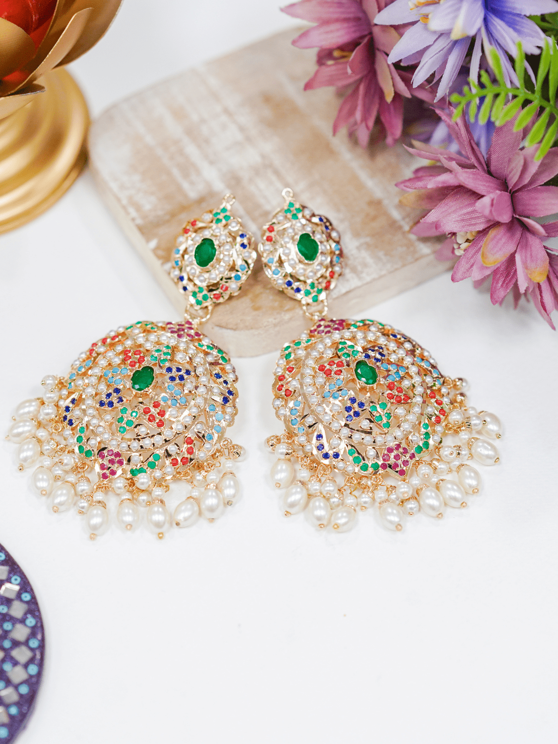 Gold plated navratan stones jadau chaandbali earrings
