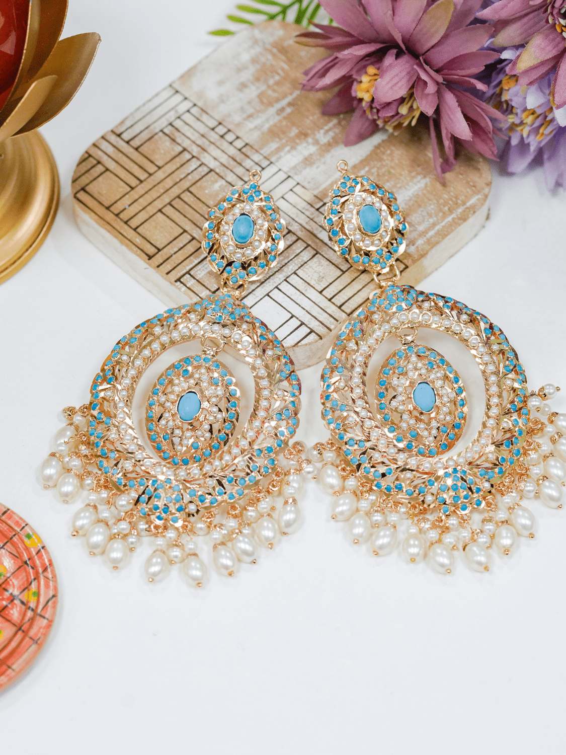 Turquoise & white pearls oversized jadau chaandbali earrings