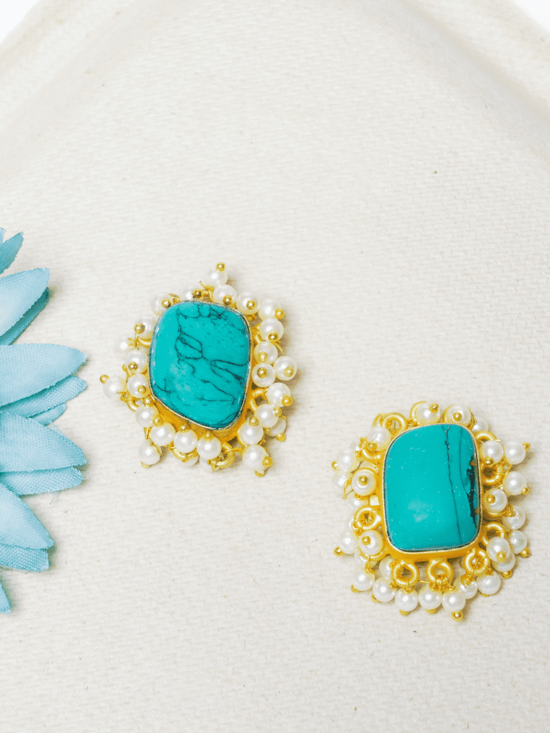 White Pearl Beaded Turquoise Stud Earrings