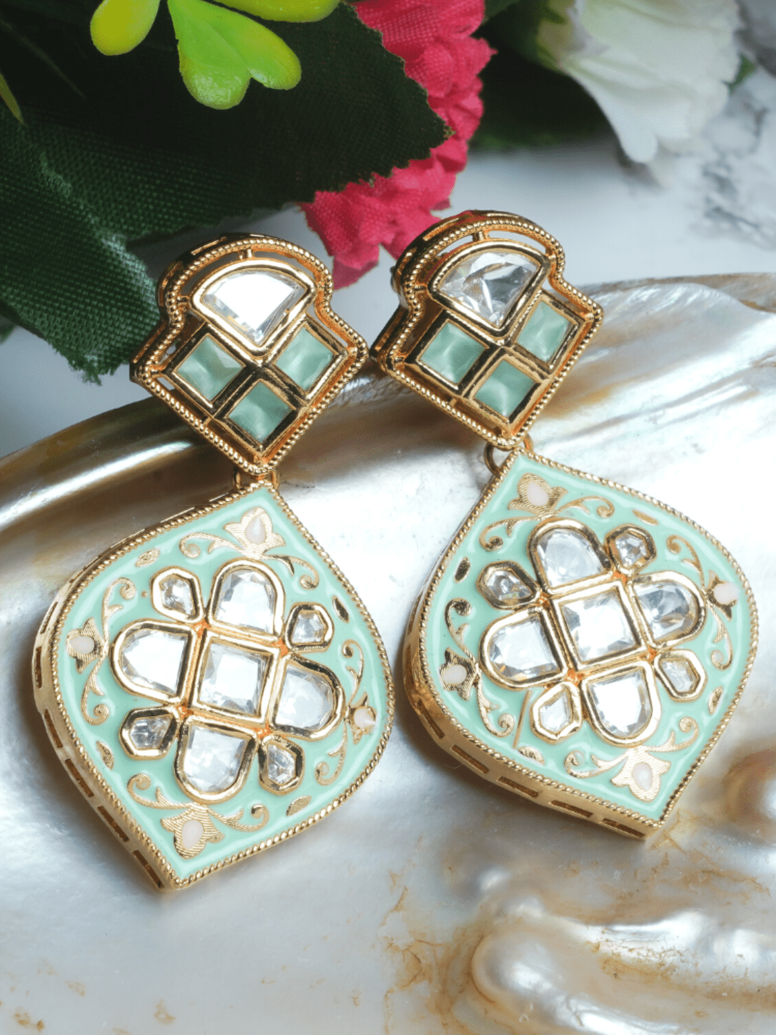 Pastel Turquoise Kundan Pendant With Earrings - QUEENS JEWELS