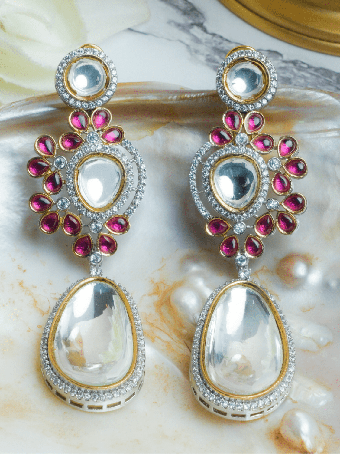 Ruby floral polki kundan dangler earrings