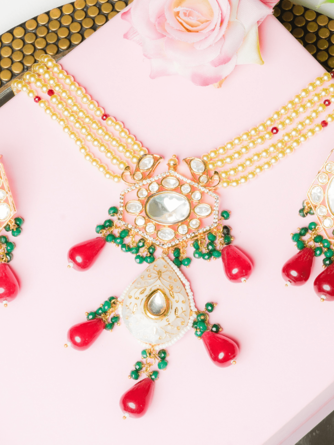 Ruby red & emerald kundan necklace set with earrings