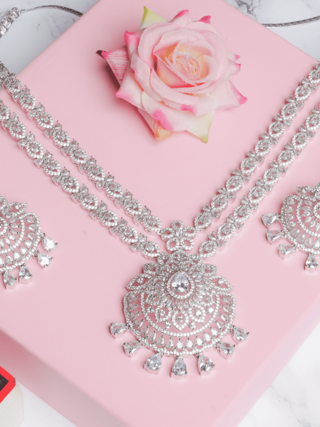 Double layer american diamond with round pendnat necklace set with earrings