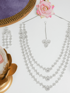 Triple layer american diamond necklace set with dangler earrings & maangtikka 