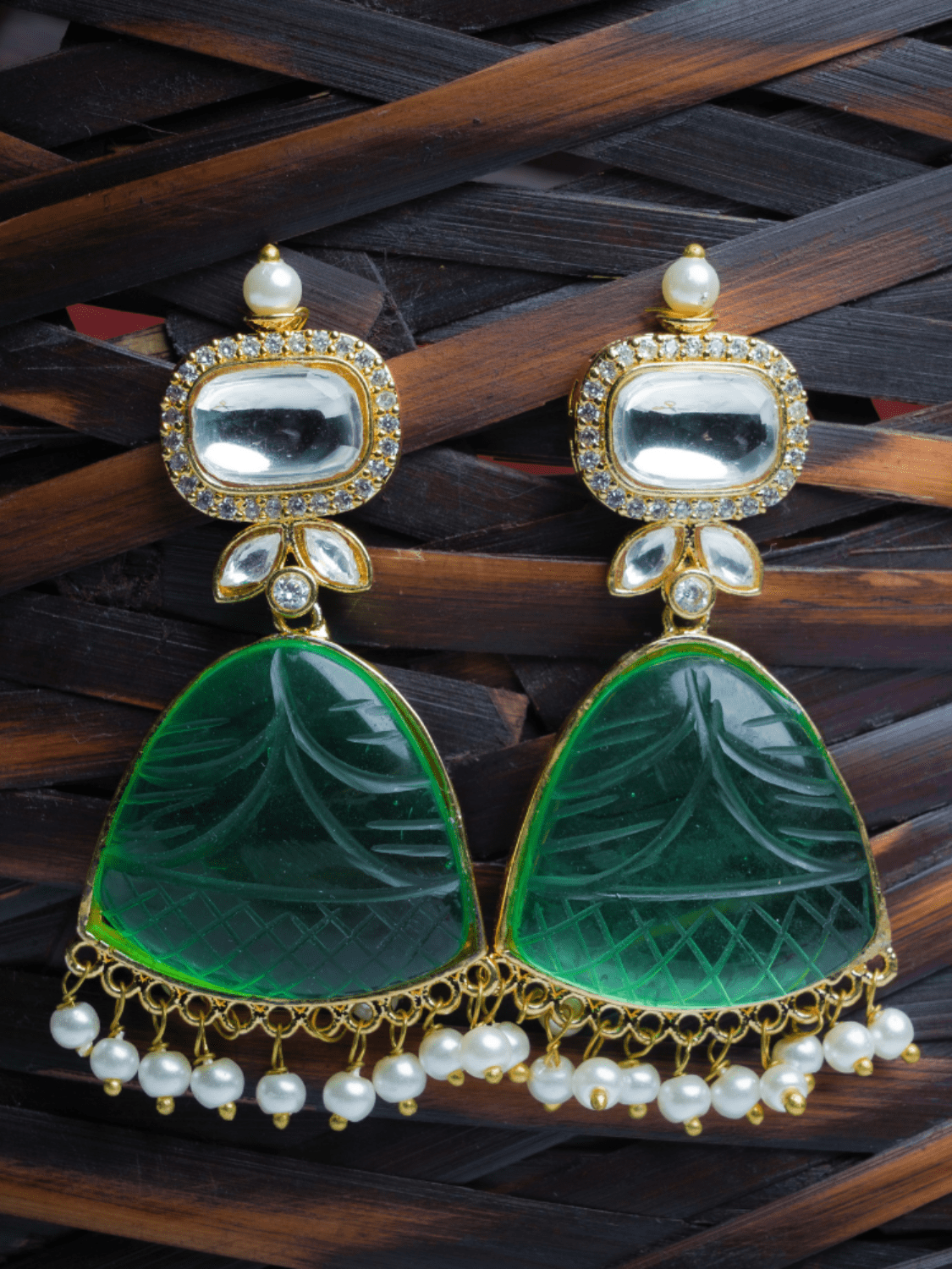 Polki & Carved Stone Danglers - QUEENS JEWELS
