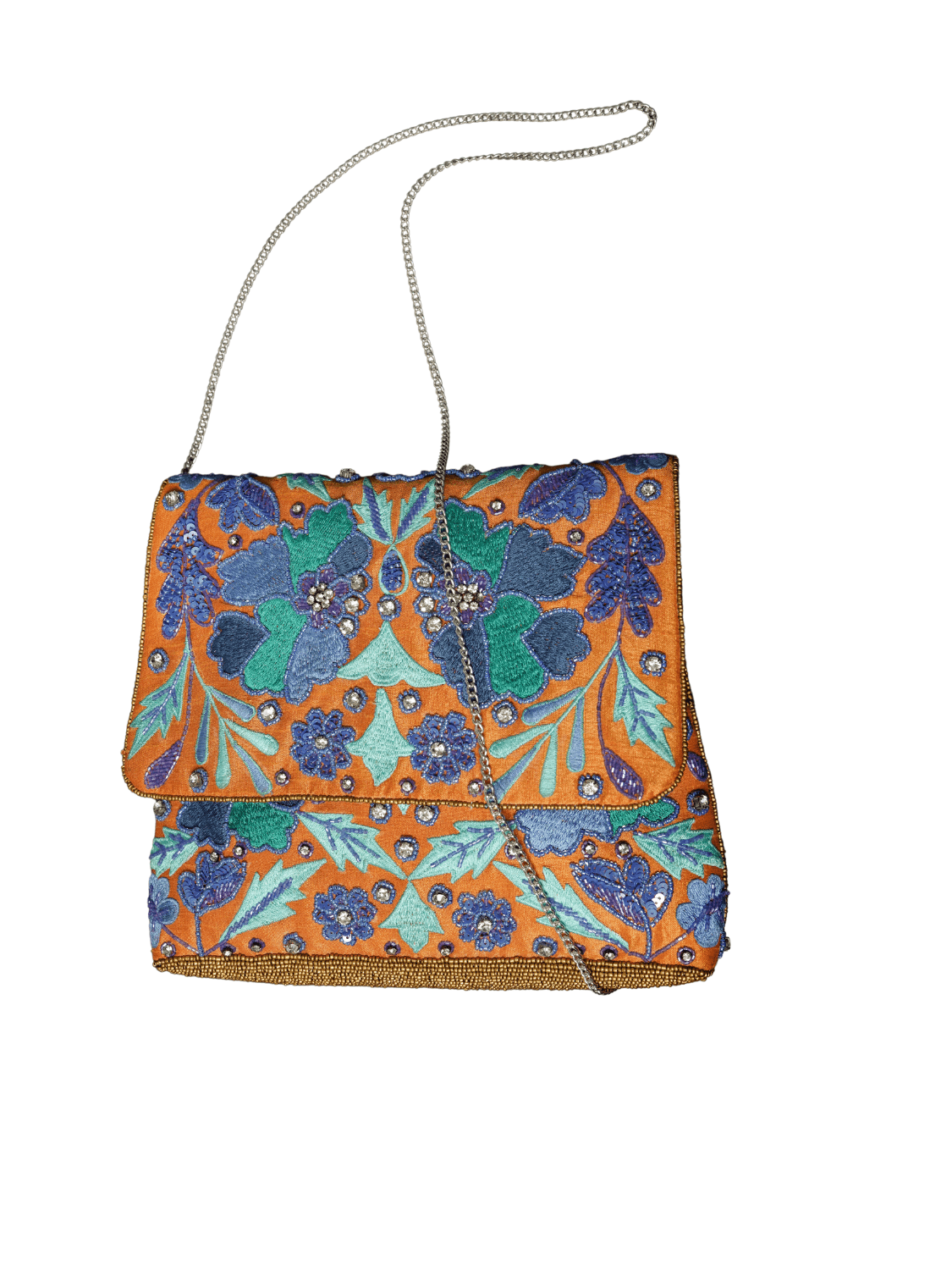 Orange-Blue Embroidered With Silver Chain Clutch Bag