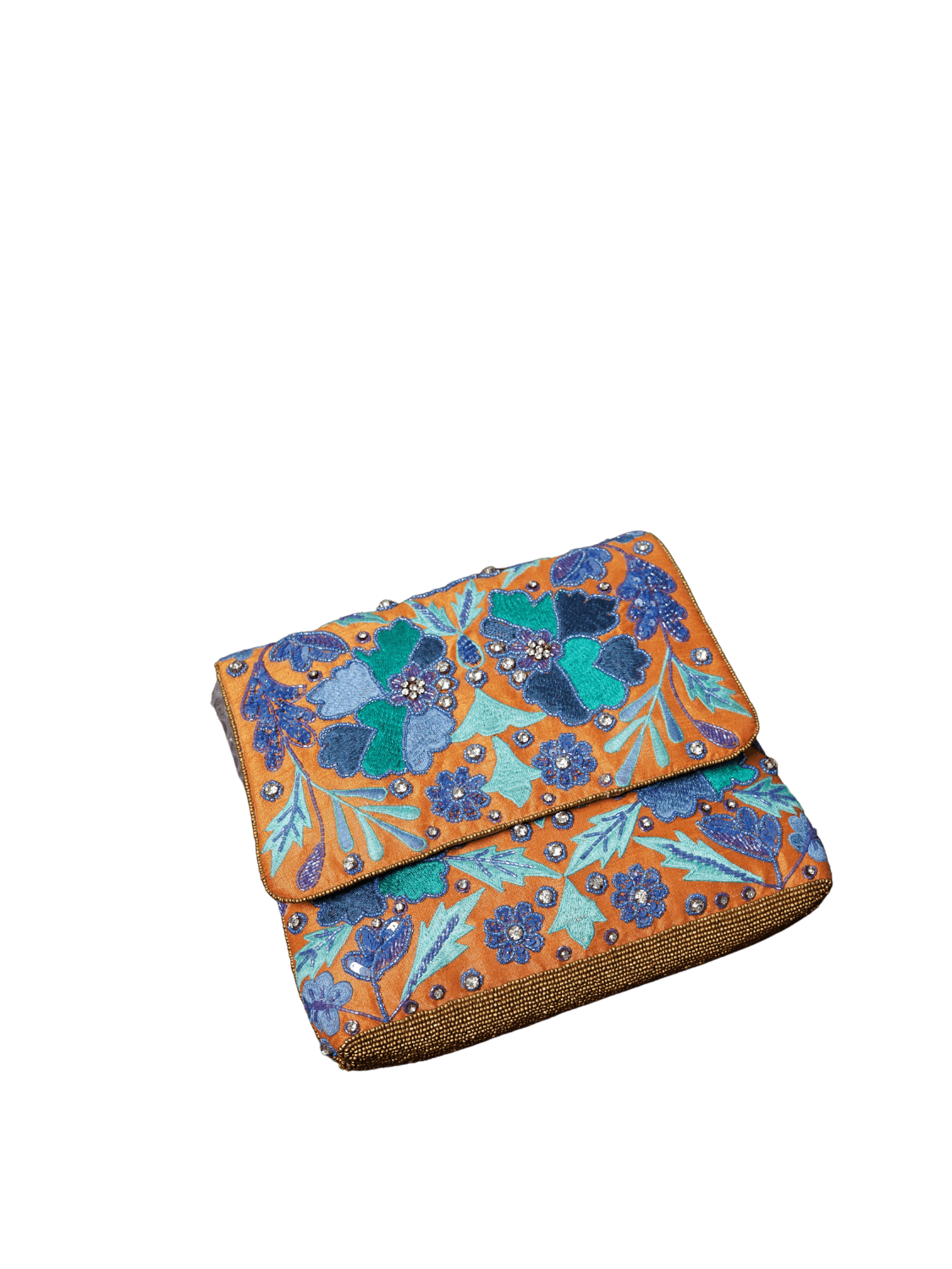 Orange-Blue Embroidered With Silver Chain Clutch Bag