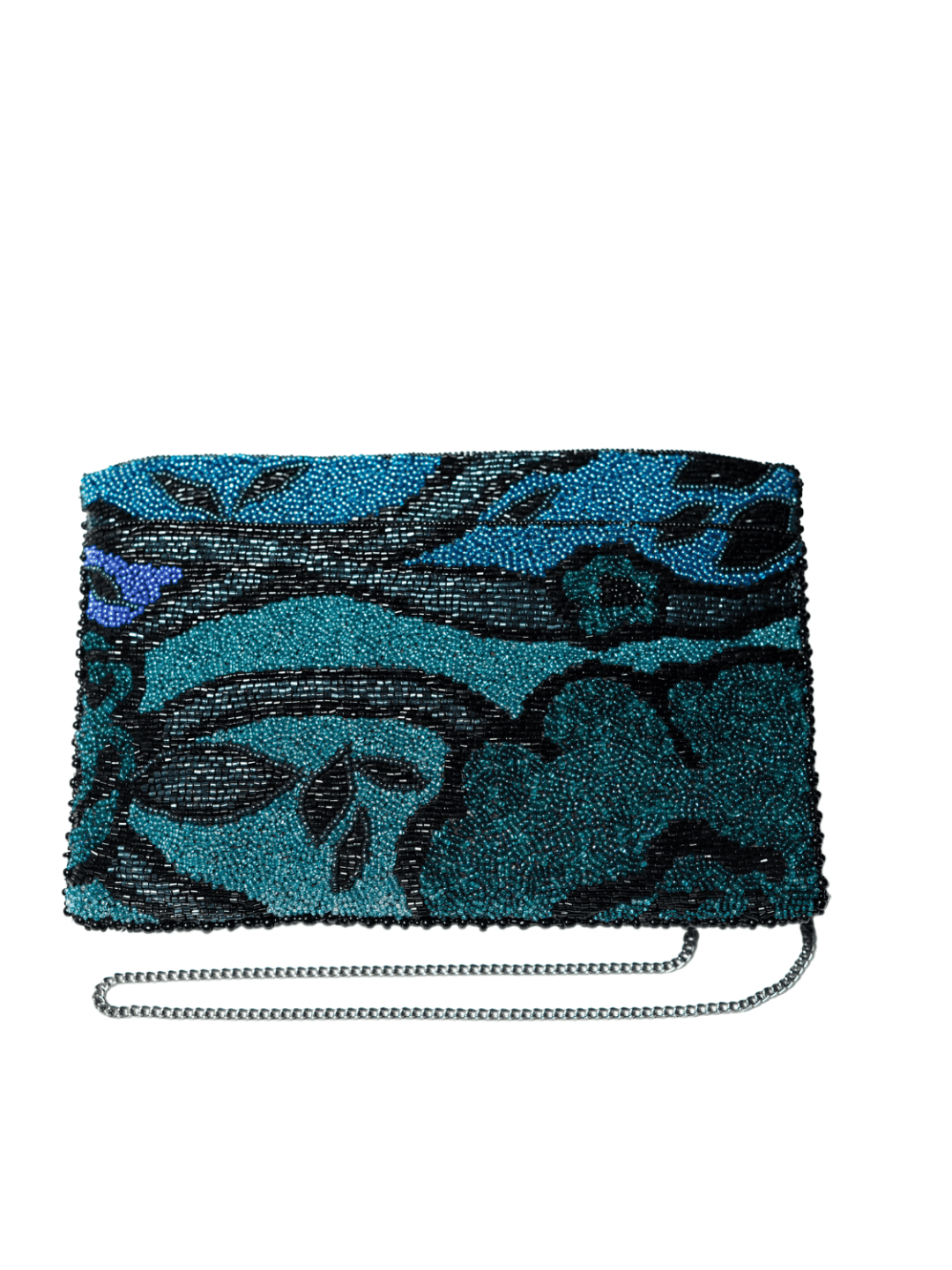 Blue Stone Beaded Embroidered Clutch Bag With Sliver Chain