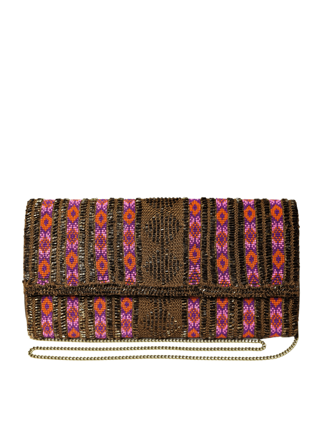 Purple , Orange and Brown Pearl Beaded Clutch With Silver Chain