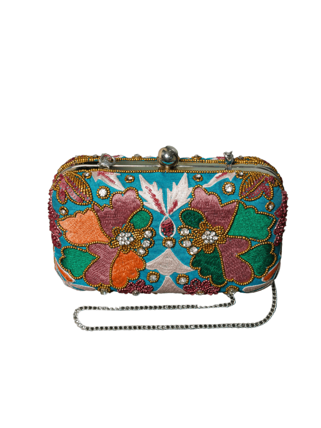 Multicolor Embroidered With White Stones Box Clutch