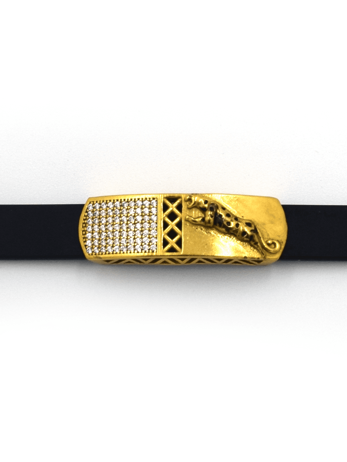 Gold Plated Tiger Look Alike Diamante Black Leather Open Clasp Bracelet