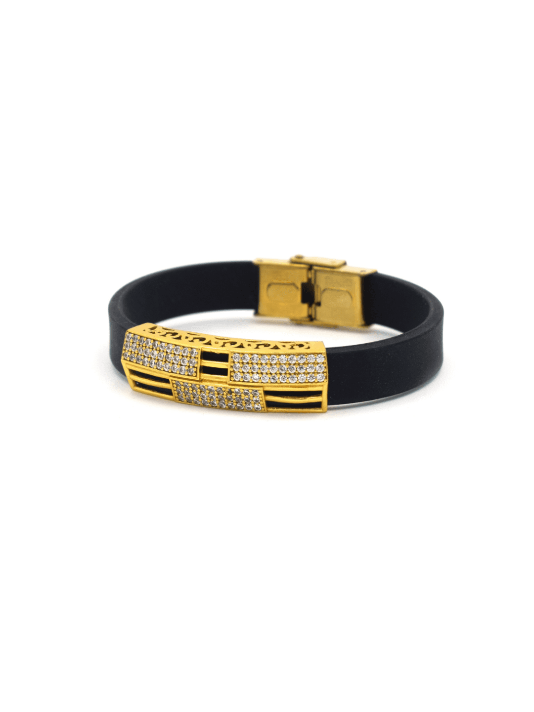 Gold Plated Diamante Black Leather Open Clasp Bracelet