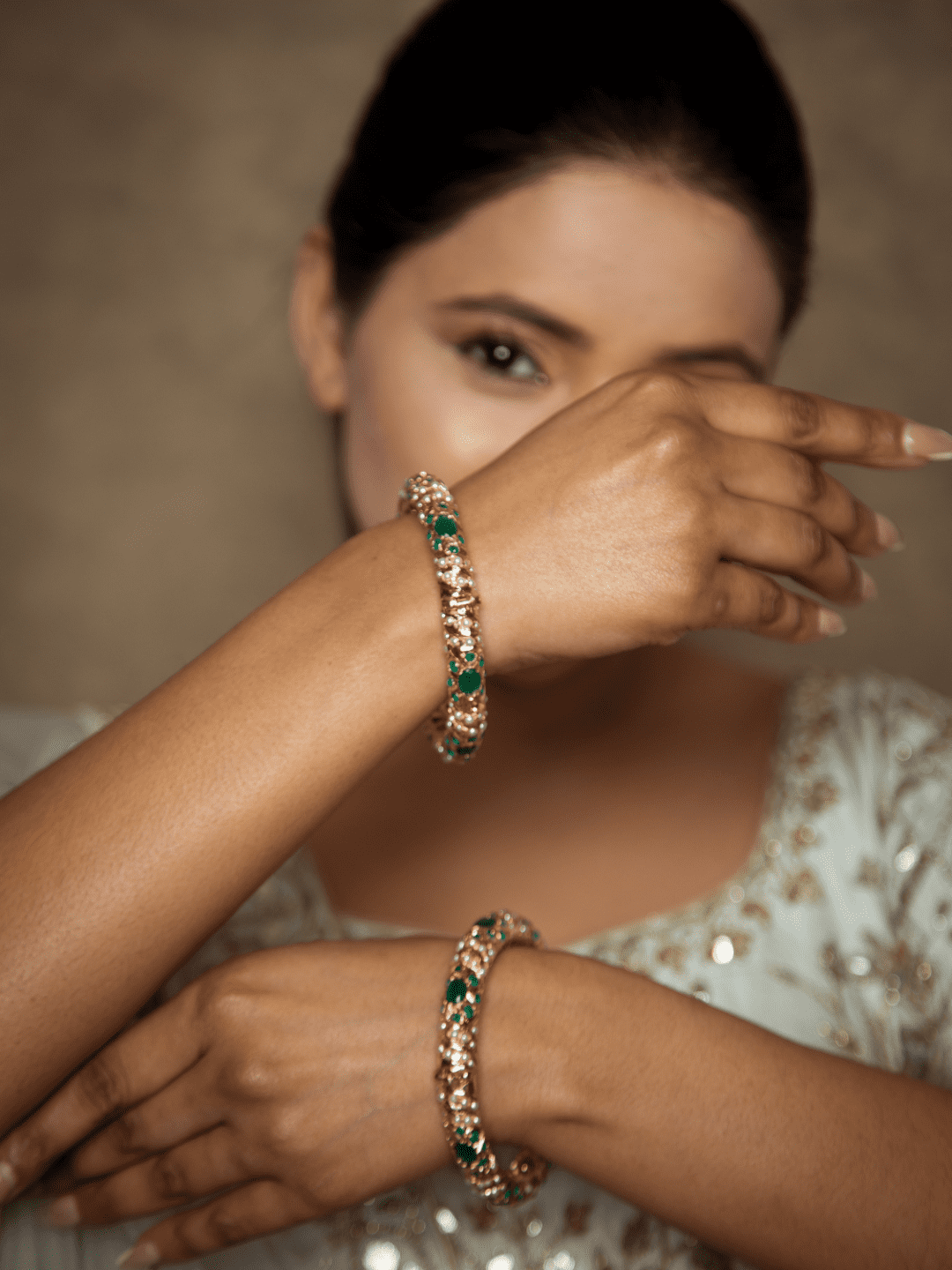 Gold Plated Emerald With White Pearl Jadau  Bangle Pair 