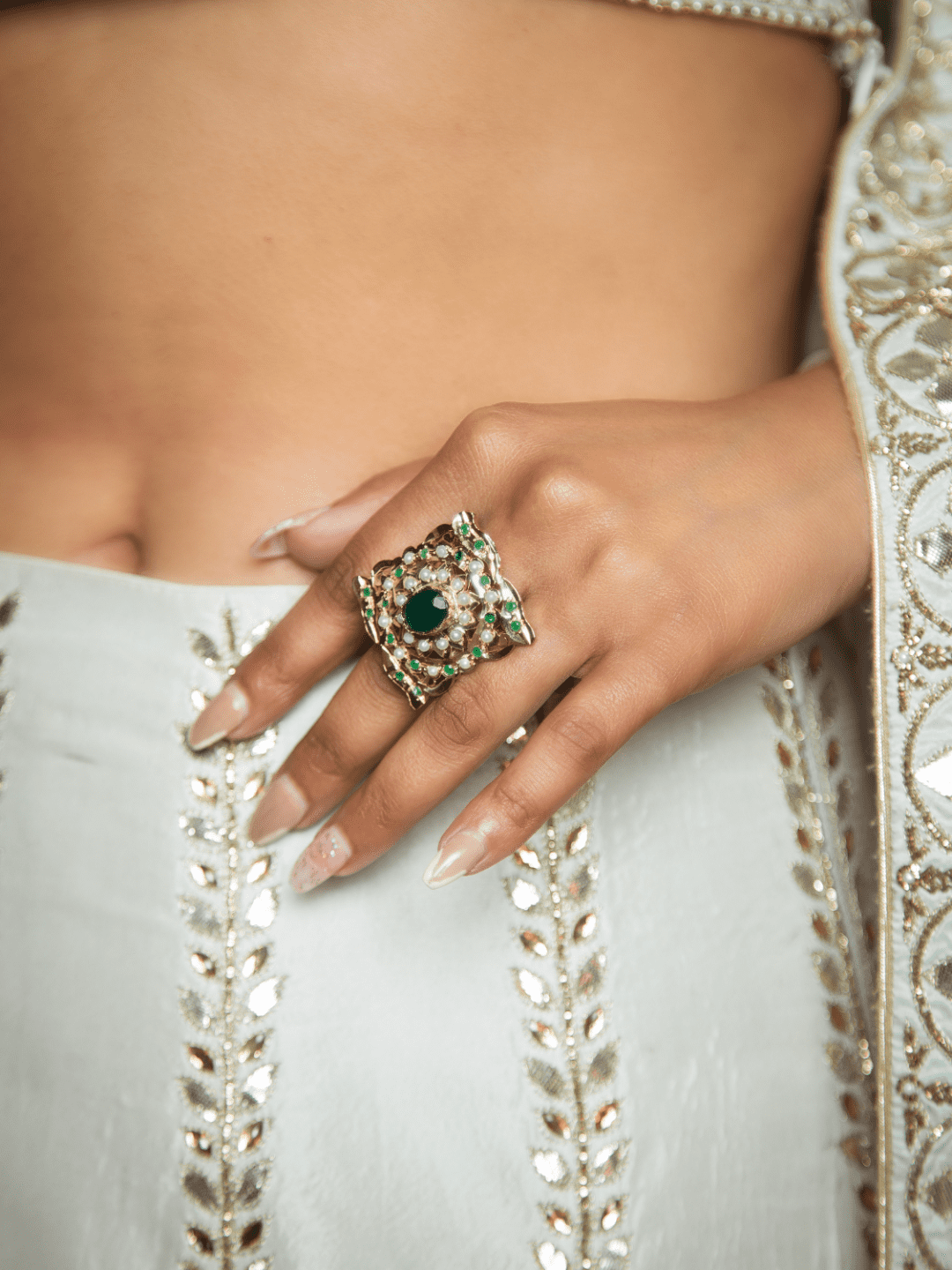 Square Look Alike Emerald With White Pearls Jadau Adjustable Ring